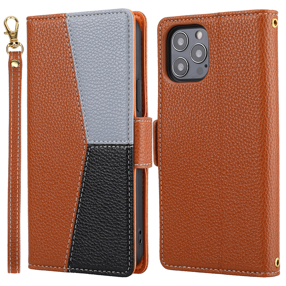 Leather Phone Cover for iPhone 14 Pro Tri-color Splicing Litchi Texture Wallet Phone Stand Case with Strap Leather Phone Cover for iPhone 14 Pro Tri-color Splicing Litchi Texture Wallet Phone Stand Case with Strap